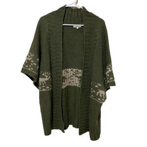 Easel Open Cardigan Sweater reindeer cabincore Green Small Dolman Sleeve